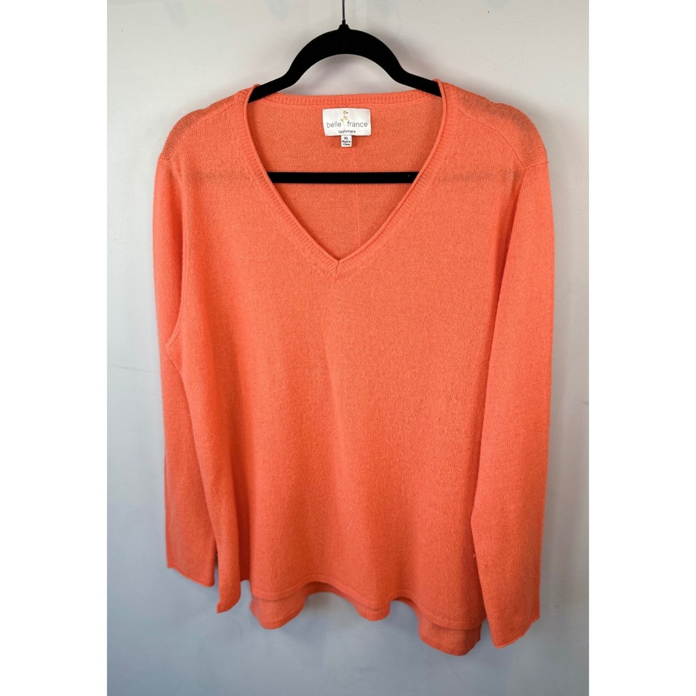 Belle France 100%‎ Cashmere Sweater XL Coral Orange V-Neck Long Sleeve Pullover